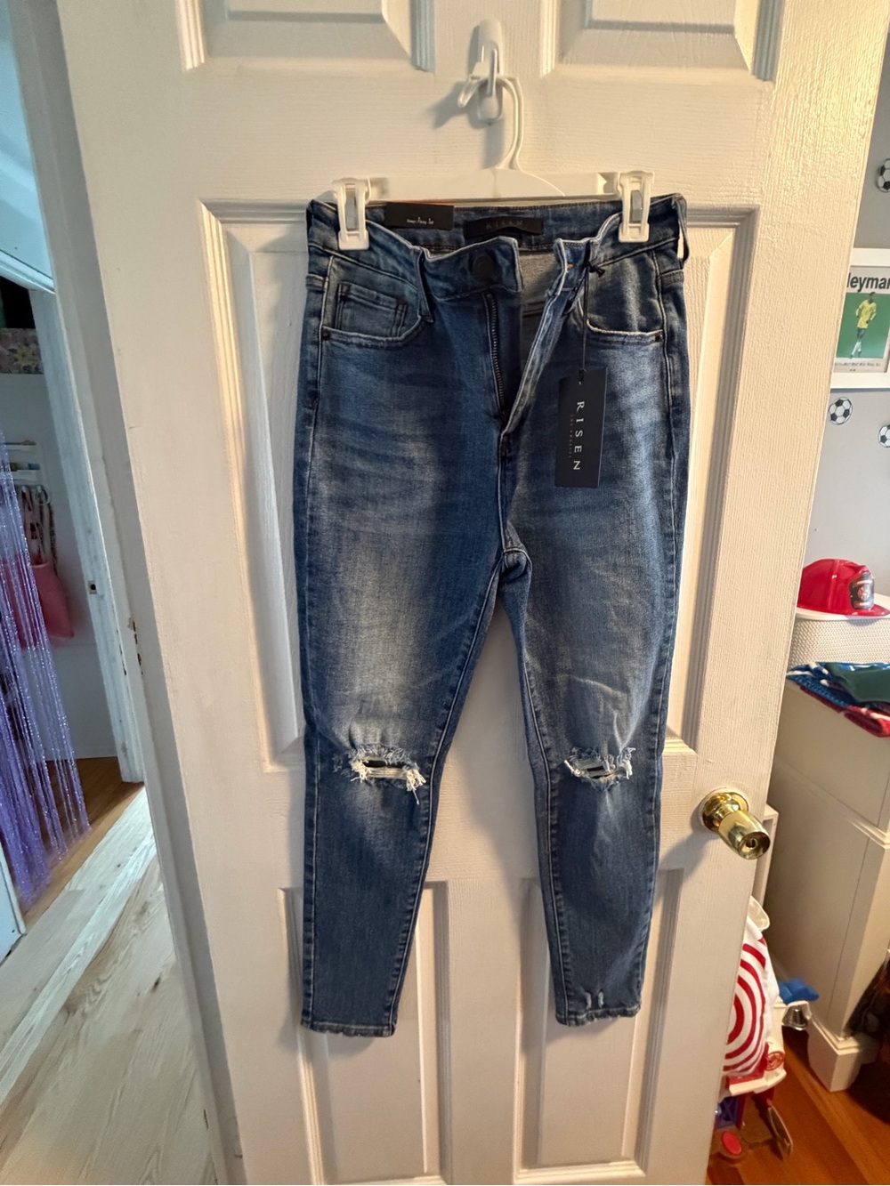 Risen High-Rise Distressed Skinny Jeans in Dark Wash